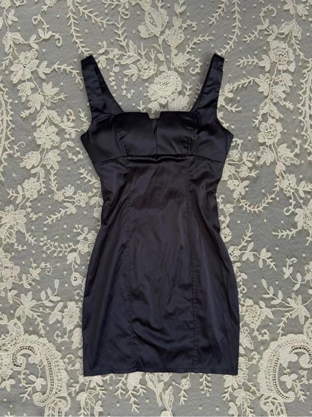 Pompous Girly Black Satin Mini Dress Flirty Feminine Femme Fatale Bodycon
